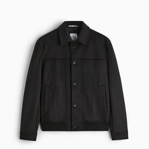ZARA Men's S Classic Faux Suede Collared Bomber Jacket - Black - Picture 1 of 12